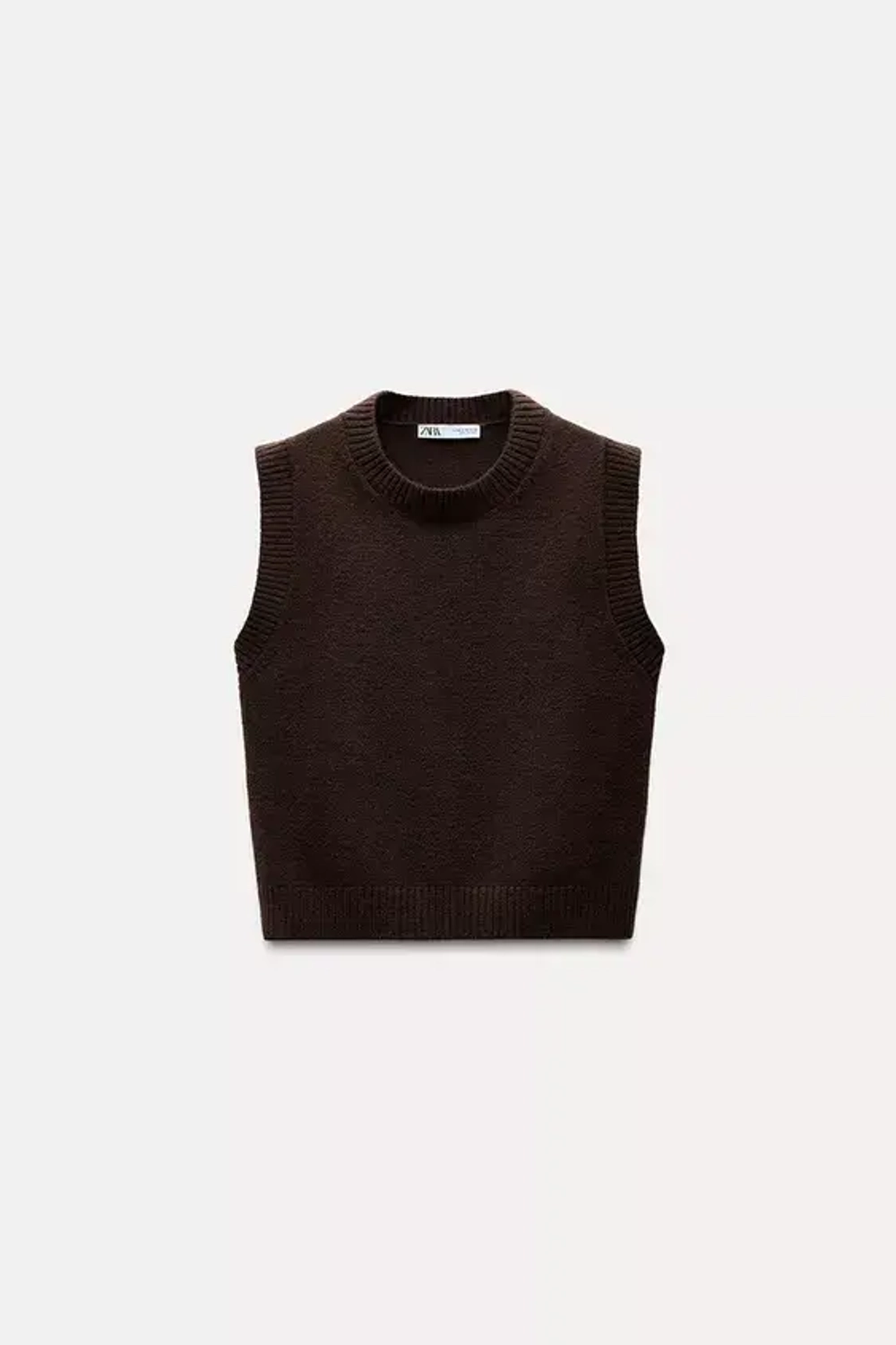 ZARA ОДНОТОННЫЙ ТРИКОТАЖНЫЙ ЖИЛЕТ, ТЕМНО-КОРИЧНЕВЫЙ