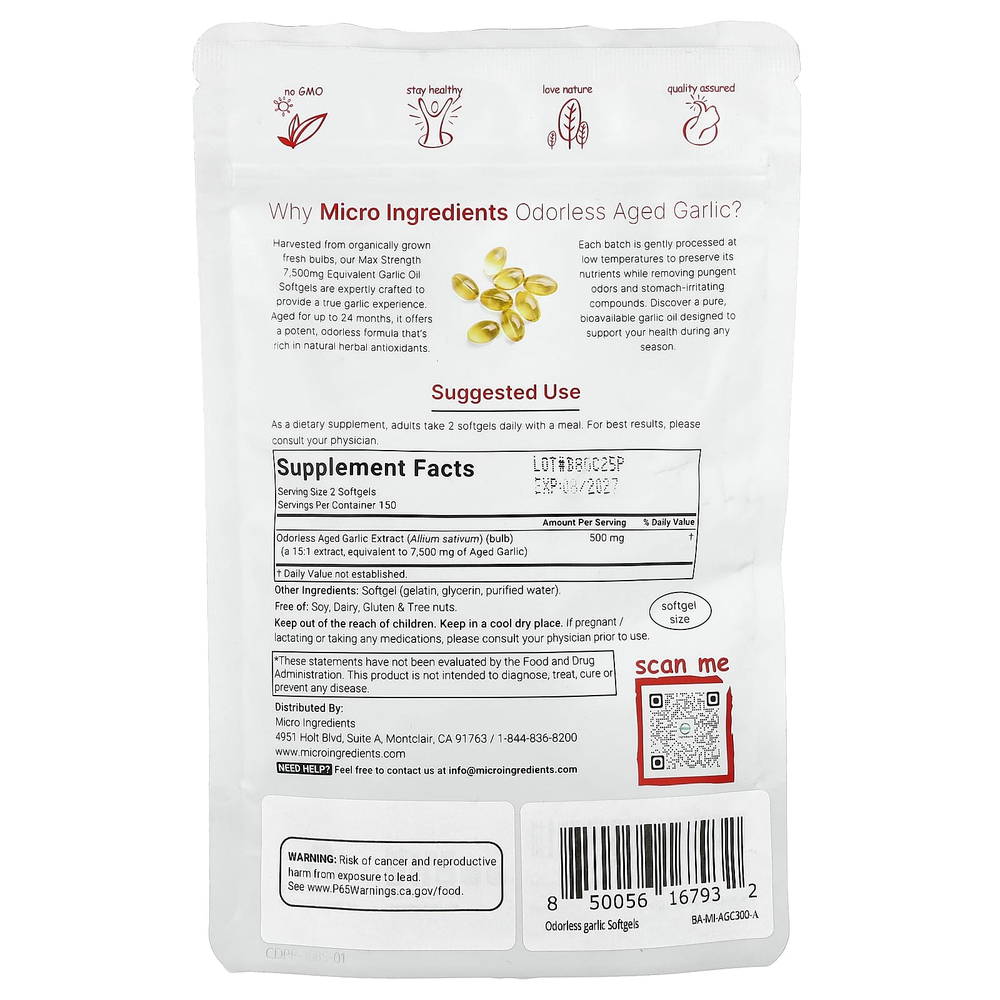 Micro Ingredients, выдержанный экстракт чеснока без запаха, 300 капсул (250 мг в 1 капсуле)