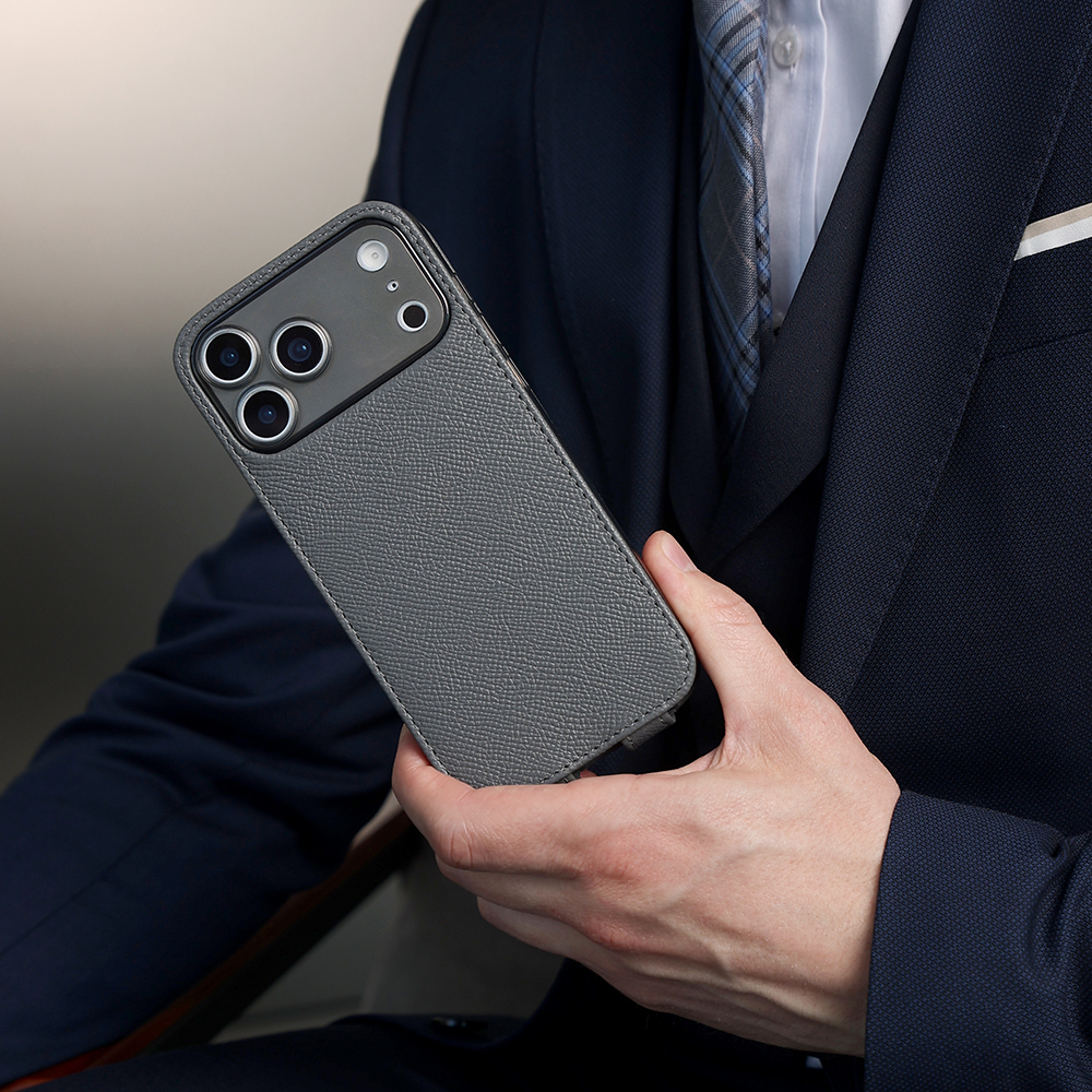 Чехол iPhone 17 Pro Max натуральная кожа сафьяно, серого цвета