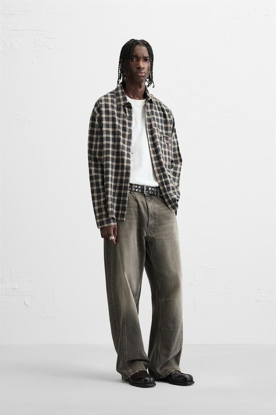 ZARA ДЖИНСЫ BAGGY FIT С ДЕКОРАТИВНОЙ СТРОЧКОЙ, ТЕМНО-КОРИЧНЕВЫЙ