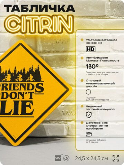 Табличка декоративная "Друзья не лгут, Friends don't lie" из сериала Очень Странные Дела, на дверь и стену, прикольная штука в подарок фанату, знак ЦИТРИН, 24,5х24,5 см, Айдентика Технолоджи