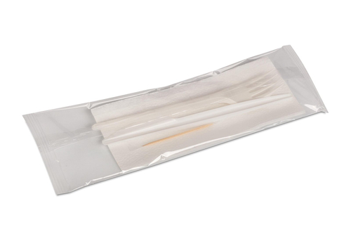 Комплект одноразовых приборов "4" (вилка, нож, зубочистка, салфетка белая 24х24см,1-слойная), в коробке 300 штук