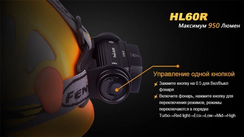 Фонарь светодиодный налобный Fenix HL60R Cree XM-L2 U2, 950 лм, аккумулятор*
