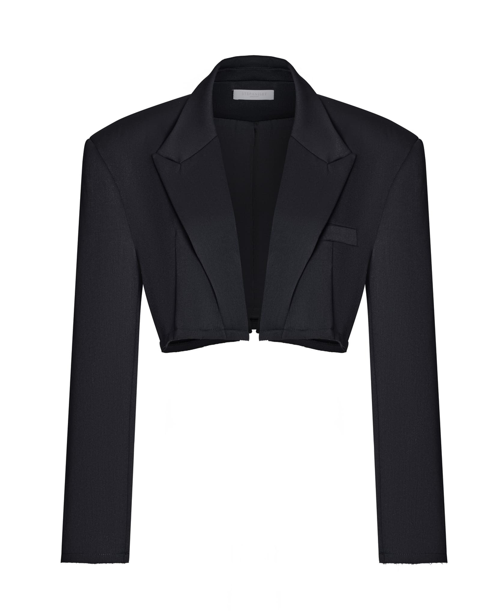 Жакет укороченный мужского кроя с широкими плечами, черный