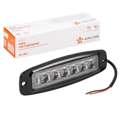 Фара светодиодная дополнительная 6 LED 18W 12-24V (прямоугольная) 185*60*35 врезная, рассеянный свет (AIRLINE)