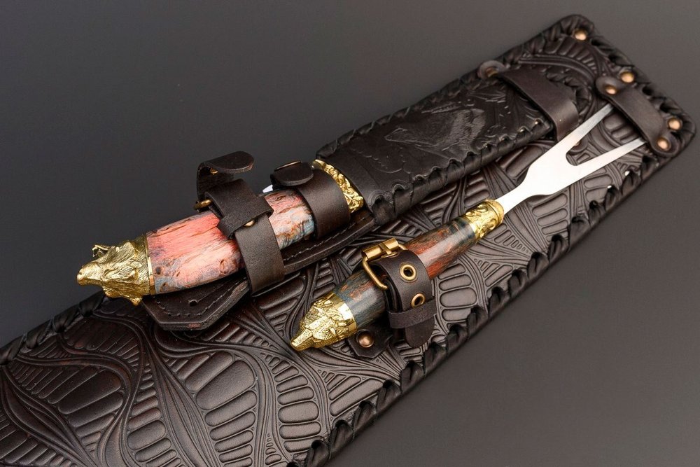 Подарочный набор шампуров "Премиальный №2", Карельская береза, чехол из натуральной кожи