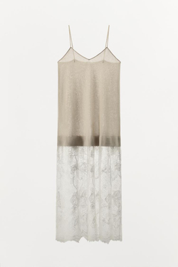 ZARA ТРИКОТАЖНОЕ ПЛАТЬЕ С КРУЖЕВОМ, ЖЕЛТОВАТО-БЕЛЫЙ