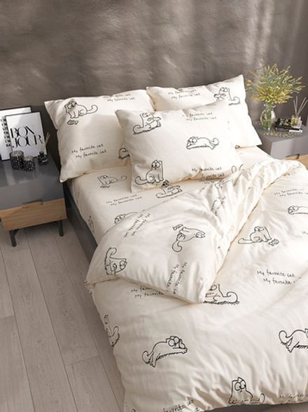 Постельное белье Сказка "Котики Грей" евро Наволочка 50х70 см 2 шт Простынь на резинке 180х200 см Пододеяльник 200х215 см, перкаль