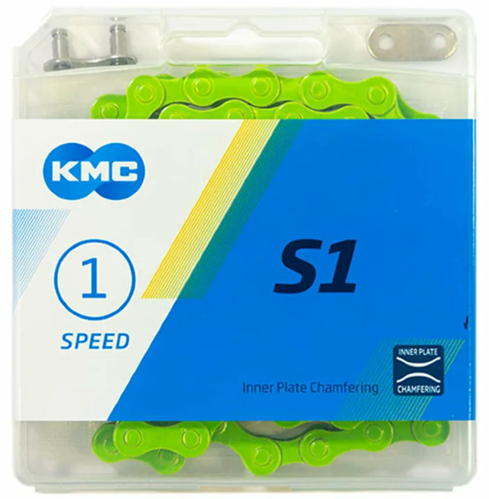 Цепь KMC S1 для 1 скорости, 1/2"х1/8", 112 звеньев, пин 8.7мм, с замком, зеленая (60)