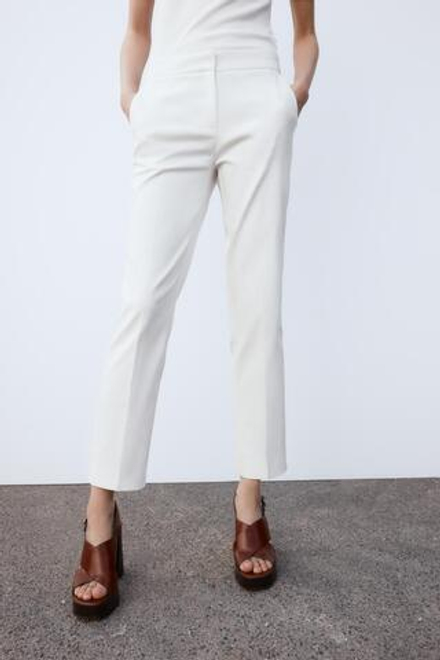 ZARA УКОРОЧЕННЫЕ БРЮКИ ИЗ МЯГКОЙ ТКАНИ, ЖЕЛТОВАТО-БЕЛЫЙ