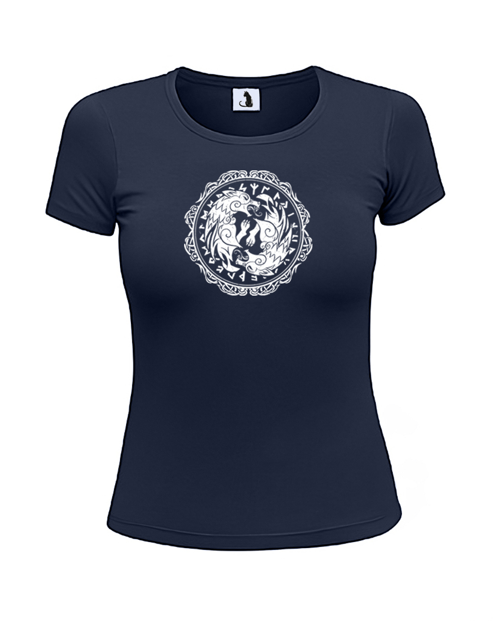 Скандинавская футболка с волком и рунами женская приталенная темно-синяя с белым рисунком