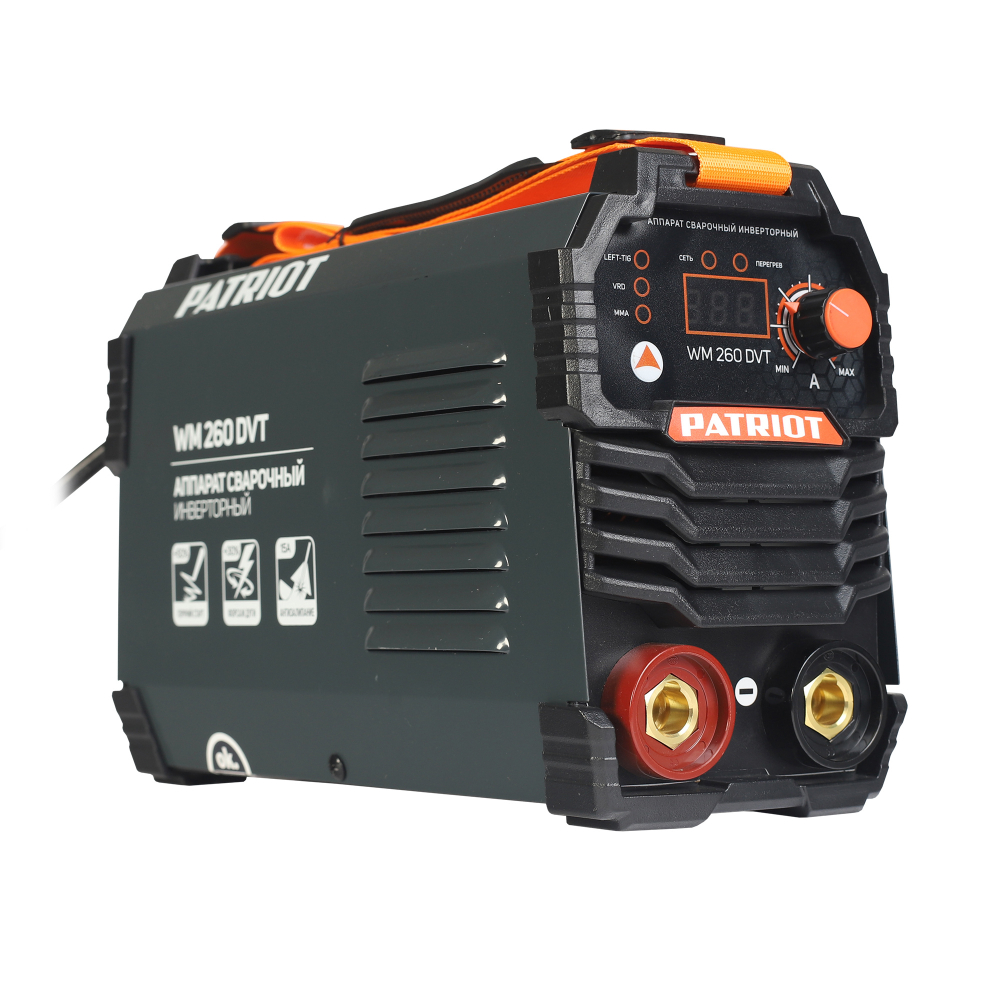 Аппарат сварочный инверторный PATRIOT WM 260 DVT MMA, входное напряжение: 1ф,140-240В;сварочный ток макс: 260A; ПВ при макс. токе: 70%, дисплей ARC FORCE, ANTI STICK, HOTSTART, TIG LIFT, VRD,Электроды Patriot ЭР-46, 3мм, 1кг
