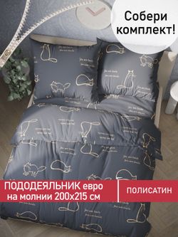 Пододеяльник Полисатин Мечта "Котики на сером" евро на молнии 200x215 см