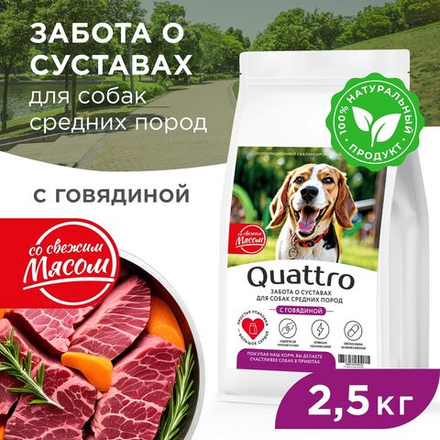 Корм сухой для взрослых собак средних пород, премиум полнорационный комплекс, забота о суставах, с говядиной, 2,5 кг, QUATTRO
