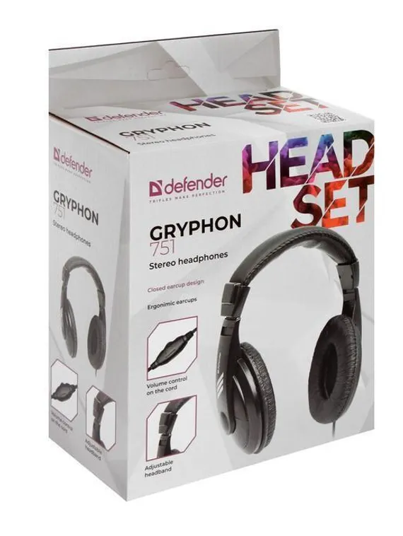 Наушники Defender Gryphon 751, полноразмерные, 100 дБ, 32 Ом, 3.5 мм, 2 м, чёрные