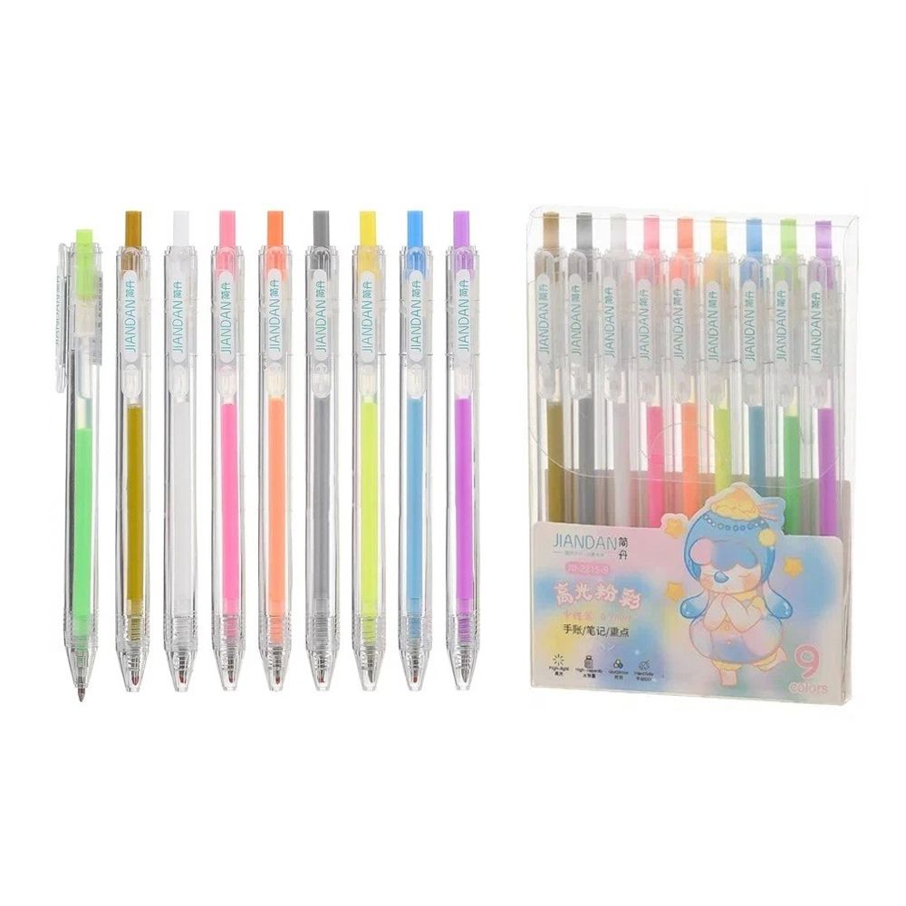 Ручка гелевая, автоматическая, Jiandan, цветные чернила, серия "Неон", 9 шт