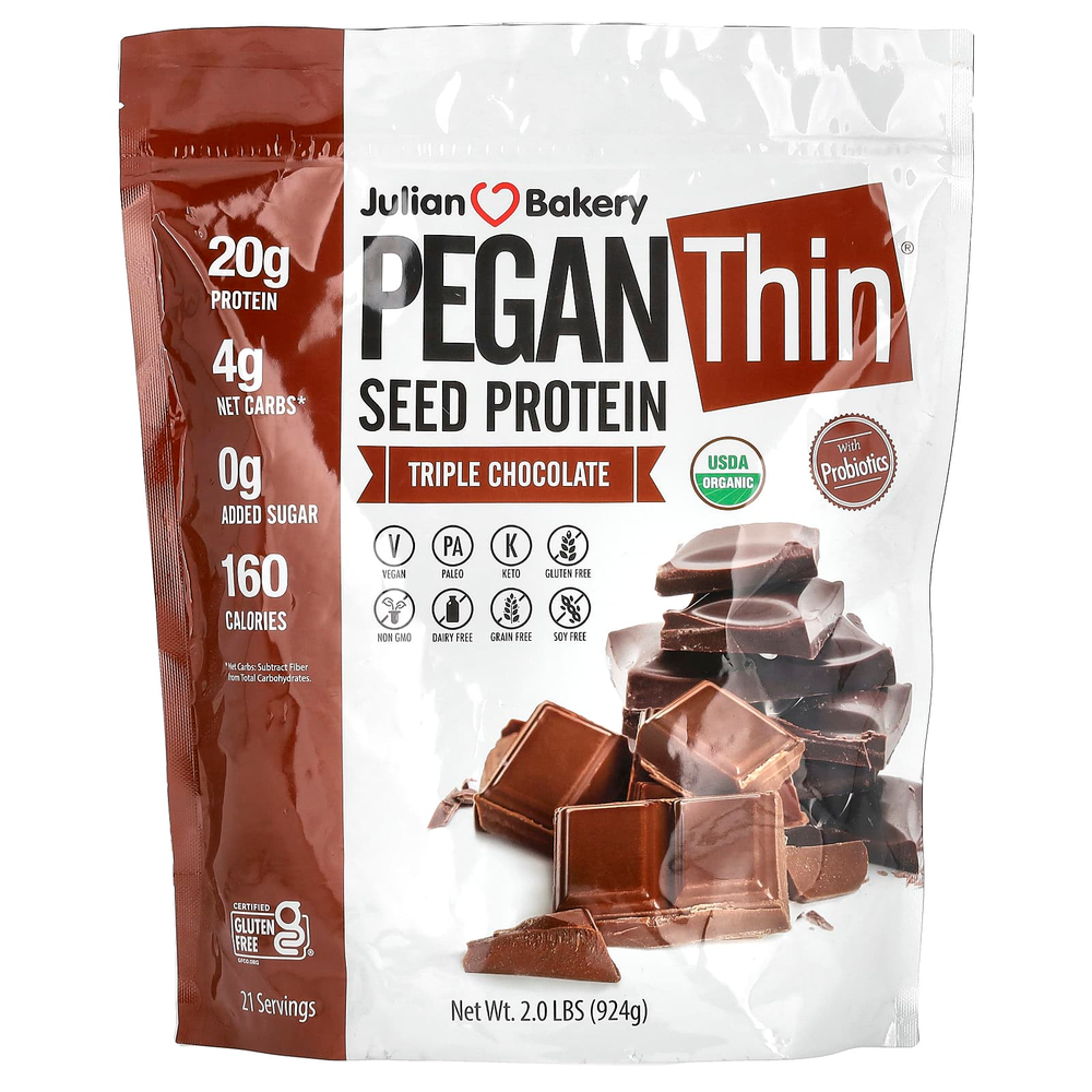 Julian Bakery, Pegan Thin, протеин из семян, тройной шоколад, 924 г (2 фунта)