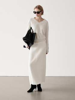 Massimo Dutti Свитер из шерсти и кашемира с V-образным вырезом, натуральный, кремовый