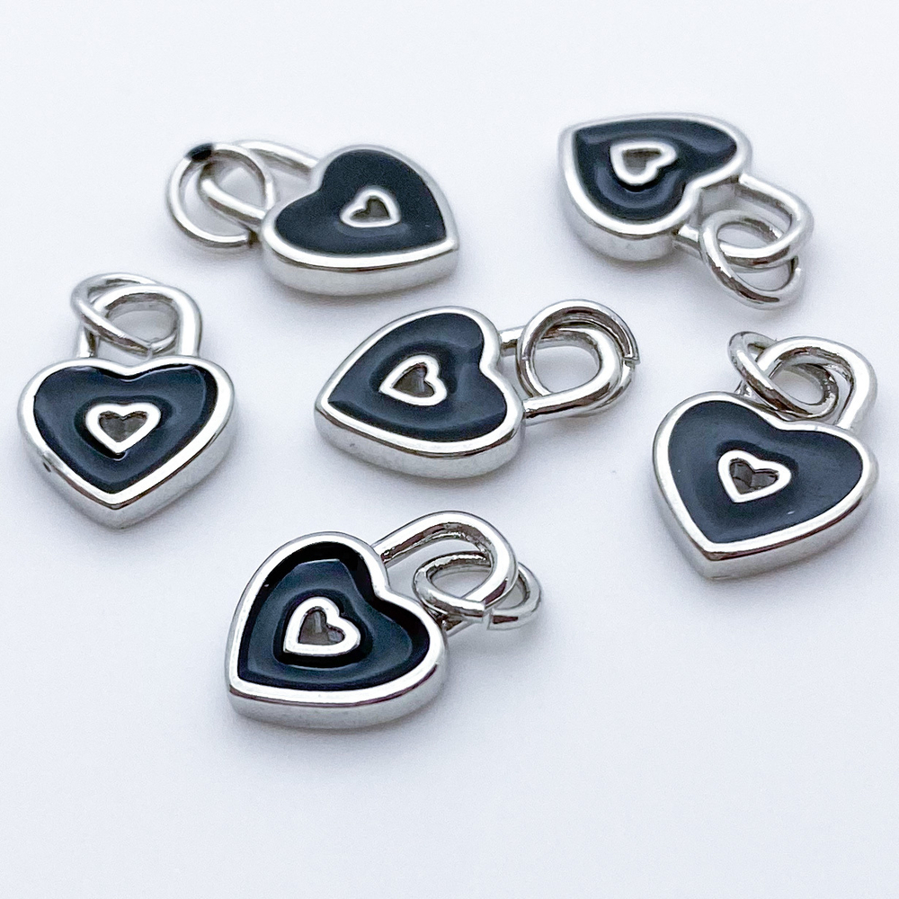 Подвеска Замочек Сердце, цвет серебро+черный, размер 12*9 мм, цена за 1 шт