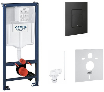 Система инсталляции для унитаза Grohe 4 в 1 панель смыва черный матовый, звукоизоляционная прокладка, ограничитель потока воды