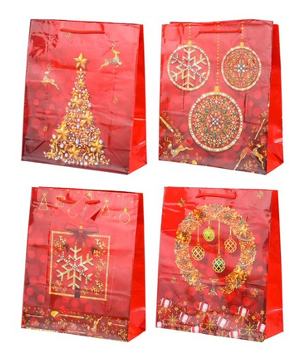 Пакет подарочный "Новогодние" глянц, красный с рисунком, 26*32*12см, в ассорт. (Basir)