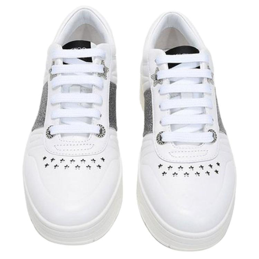 Jimmy Choo Hawaii Top Grain Cow Leather Low top Stylish Skateboarding Shoes Women"s White Silver