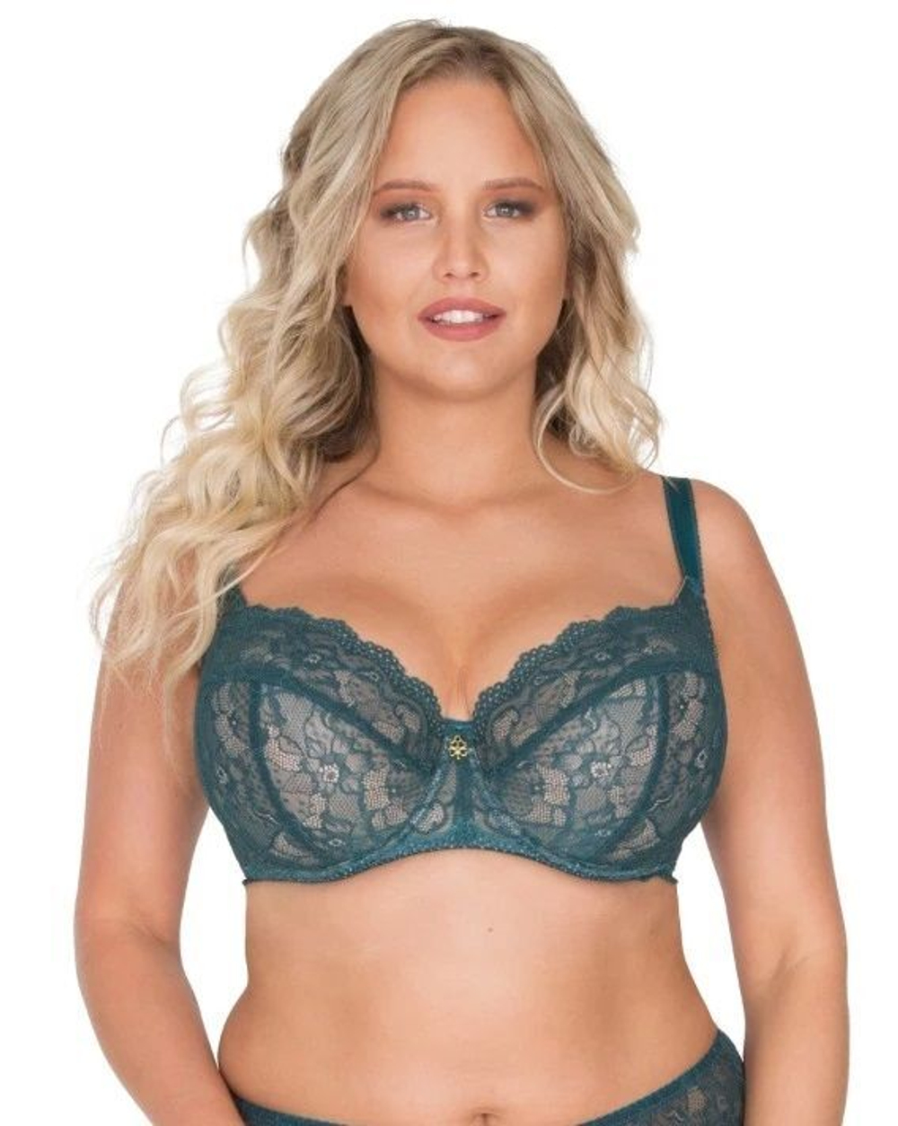 Кружевной бюстгальтер с мягкой чашкой plus size и боковыми поддержками (Размер: 105E) (Цвет: изумрудный)