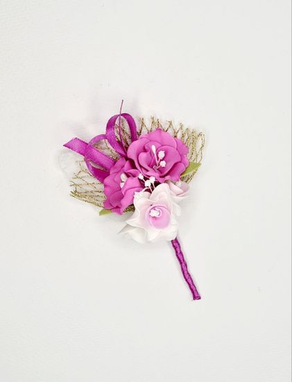 Бутоньерка с цветами на булавке, голубая с розовым