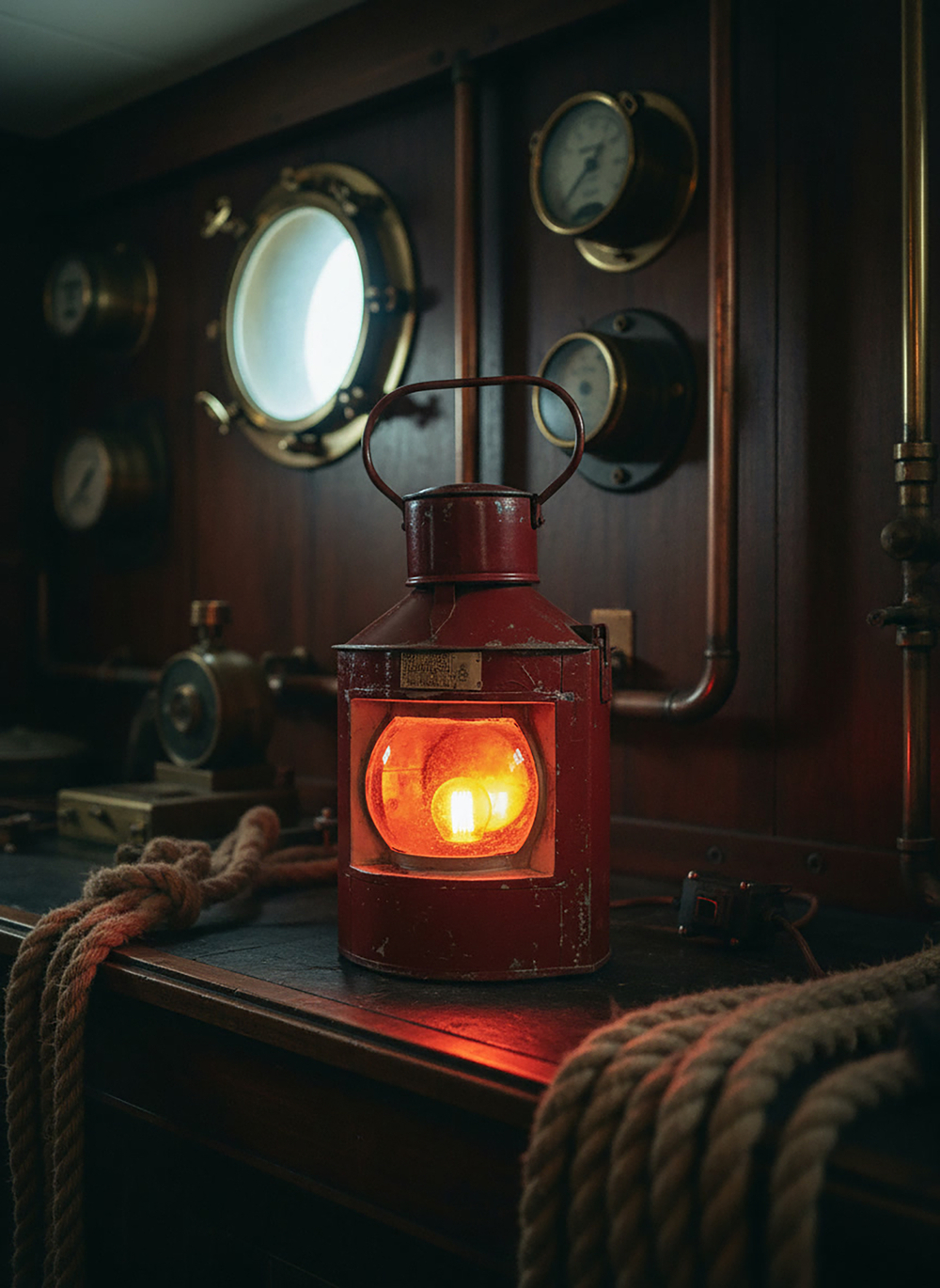 Красный корабельный фонарь WOODandROOT 1957 года с тёплым светом, размещённый в старой приборной каюте с иллюминаторами и навигационными приборами.