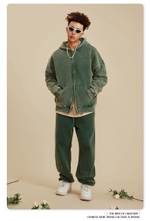 Американский модный брендовый костюм мужской зелёного цвета с эффектом потёртости с капюшоном и двойной молнией для мужчин.