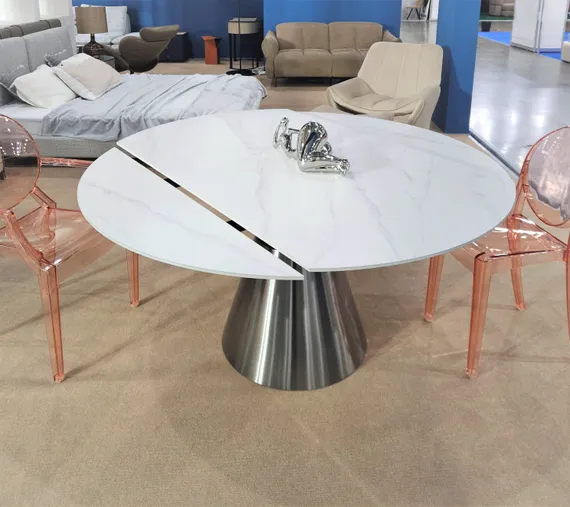 Стол обеденный раскладной Oda, Ø150 см, белый матовый керамогранит