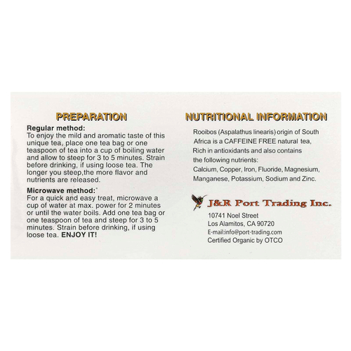 J&R Port Trading, красный чай ройбуш, без кофеина, 20 чайных пакетиков, 50 г (1,765 унции)