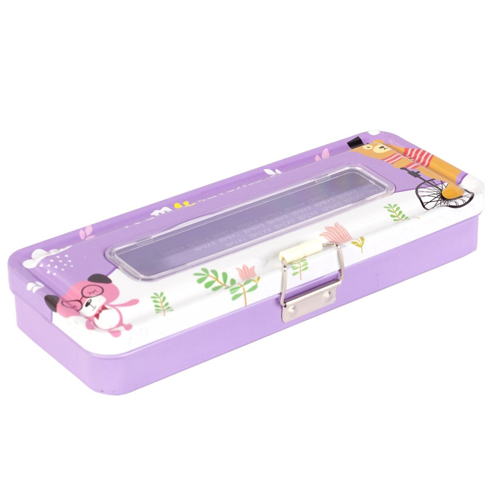 Пенал металлический 2 отделения Alingar, таблица умножения, окошко на крышке 80 х 200 мм, "Зверята", ассорти, надпись "It's my favorite"