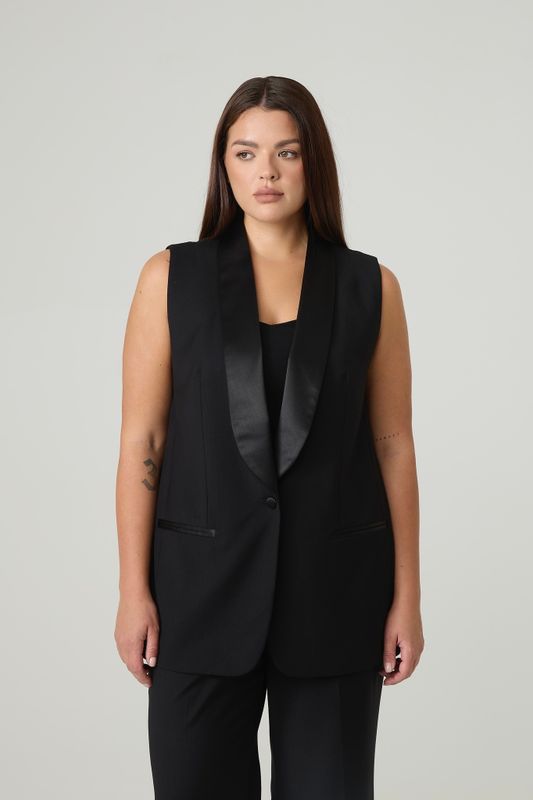 Жилет удлиненный с воротником шалька из атласа, черный