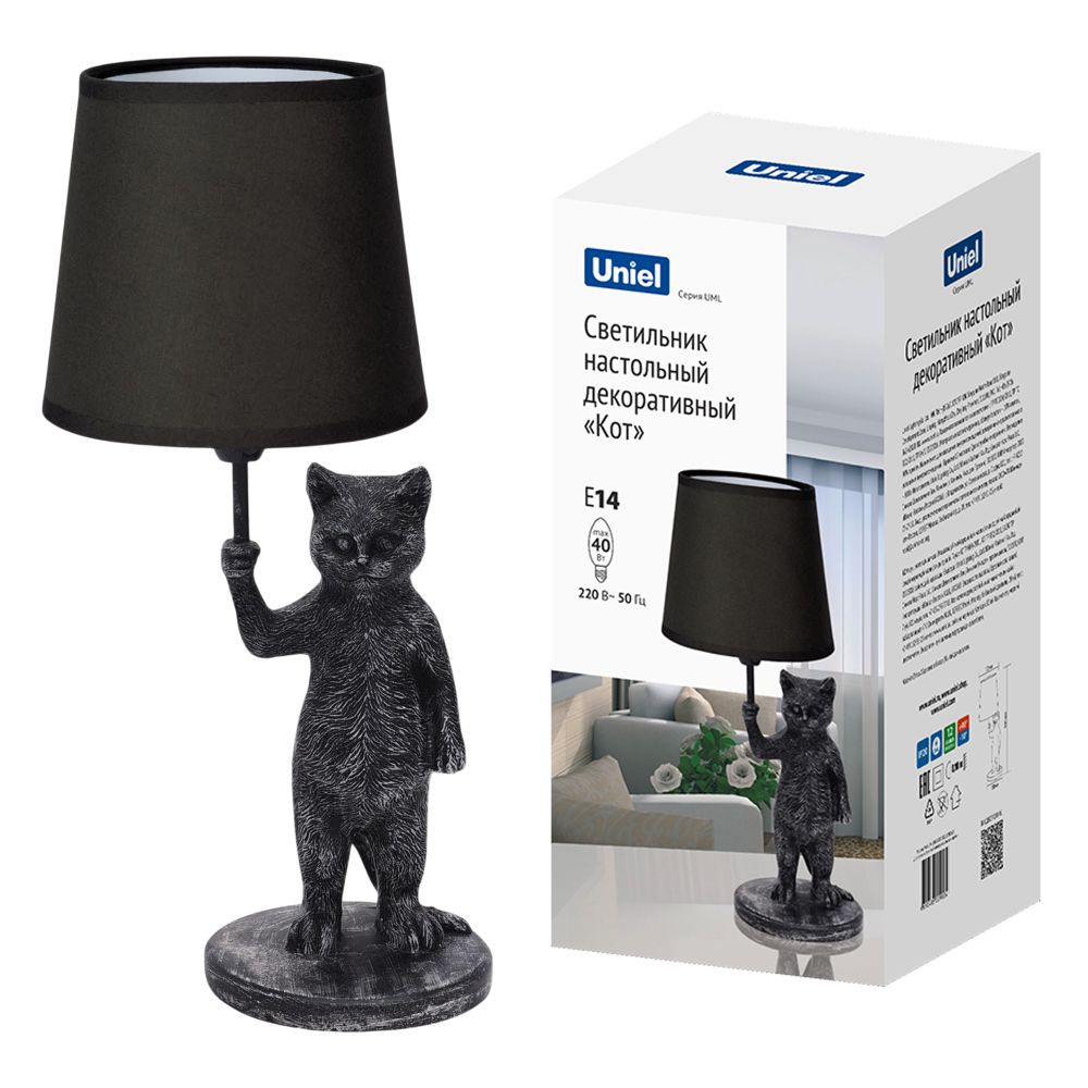 UML-B465 E14 SILVER-BLACK Светильник настольный декоративный Кот. под лампу E14. 40W. Механический выключатель. Серебристый-черный. ТМ Uniel