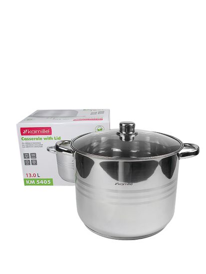 Кастрюля 13 л. из нержавеющей стали Kamille KM 5405 со стеклянной крышкой