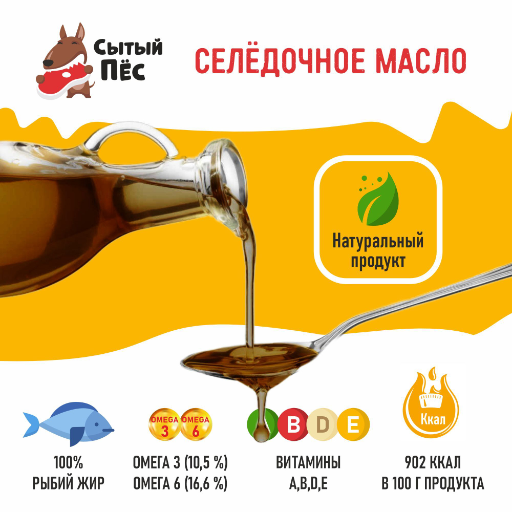 Олонецкий рыбий жир сельдевый 1 литр - ветеринарный рыбий жир для животных, для собак, кошек, кур несушек, коров