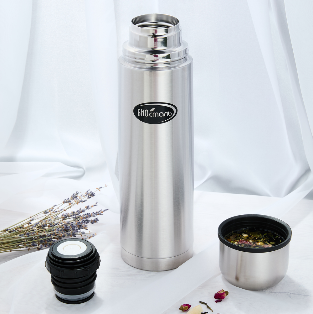 Термос Biostal (1 литр), узкое горло, пробка с кнопкой