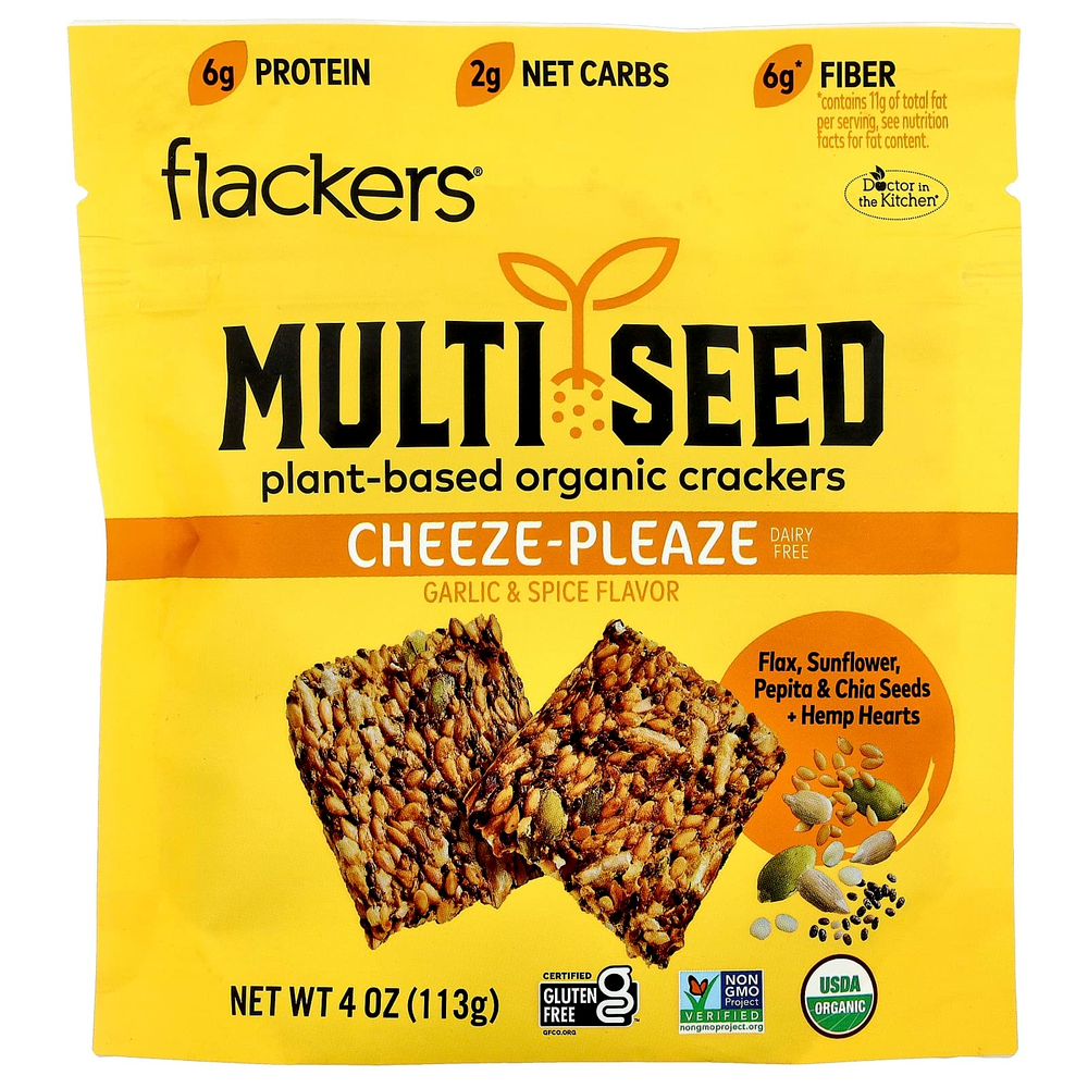 Flackers, Multi Seed, органические крекеры на растительной основе, Cheeze-Pleaze, чеснок и специи, 113 г (4 унции)