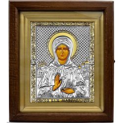 Икона святой Матроны в серебряном окладе в киоте