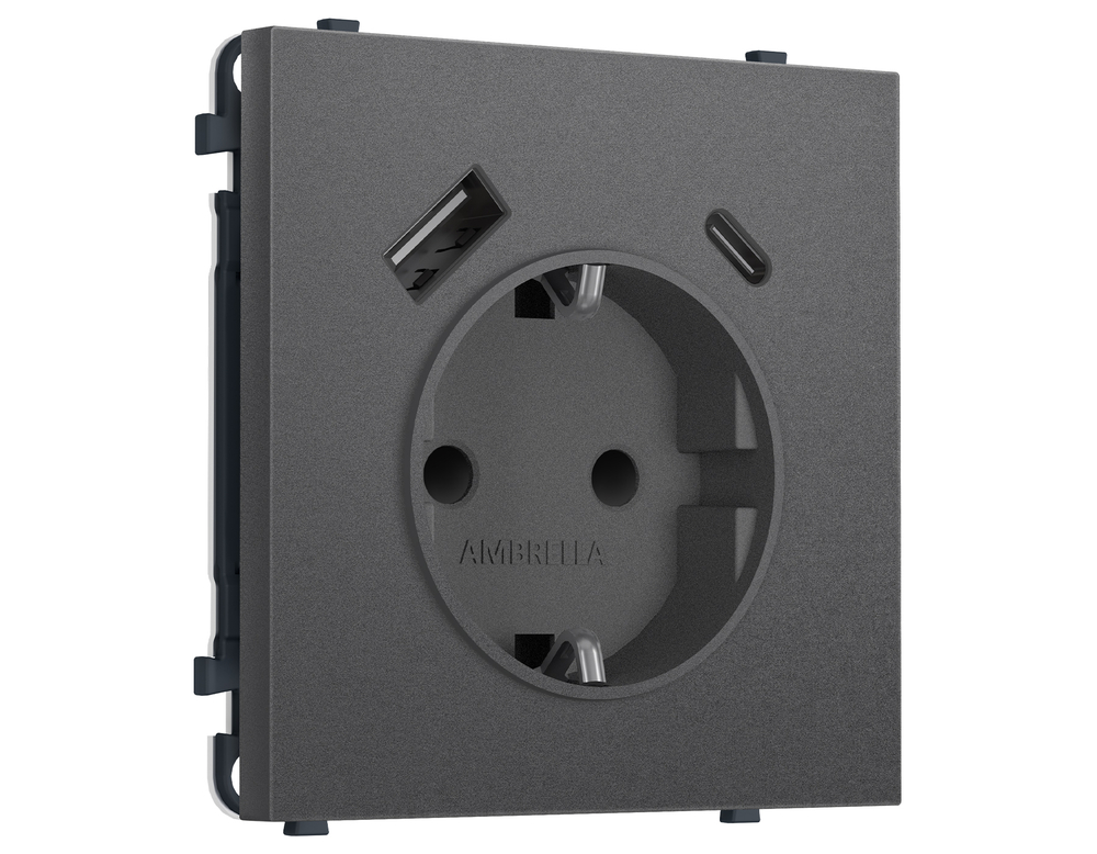 MS660010 Комплект механизма электрической розетки SIGMA Антрацит серый 2USB A+C 20W (быст. зар.) с/з с/ш 16A-250V QUANT PRO (SP6600, PR160)