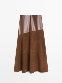 Massimo Dutti Юбка из замшевой кожи наппа с асимметричной кокеткой, коричневый