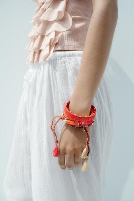 ZARA НАБОР БРАСЛЕТОВ С БУСИНАМИ, КРАСНО-ОРАНЖЕВЫЙ