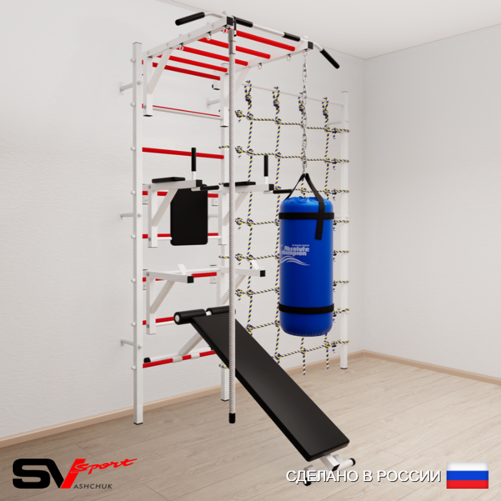 Шведская стенка Sv Sport усиленная 66030 (Турник рукоход/Брусья/Стойка/Скамья/Канат/Цепь/Мешок 30кг/Канатный лаз)