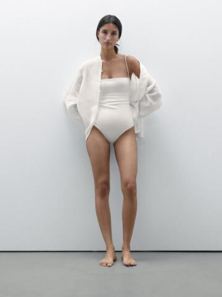 Massimo Dutti Купальник-бандо с декоративной деталью на спине, натуральный, кремовый