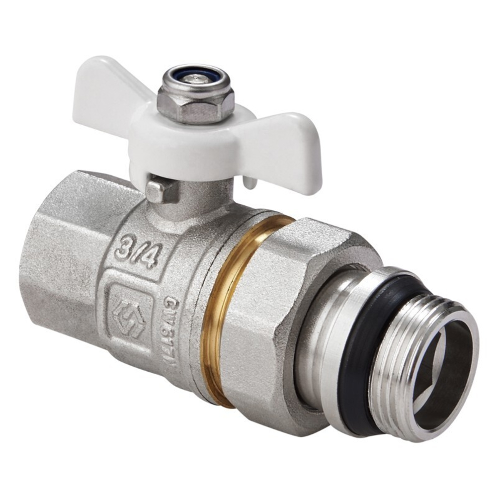 Кран латунный шаровой MVI BV.521, DN 20, PN 40, с уплотнением, никелированный, полнопроходной, американка, бабочка