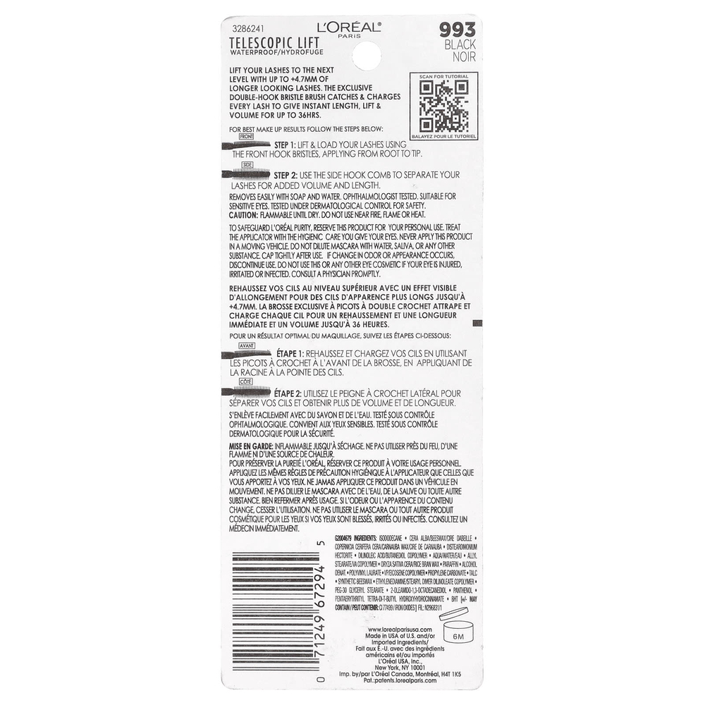 L'Oréal, Telescopic Lift, водостойкая тушь для ресниц, 993 черный, 10 мл (0,33 жидк. Унции)