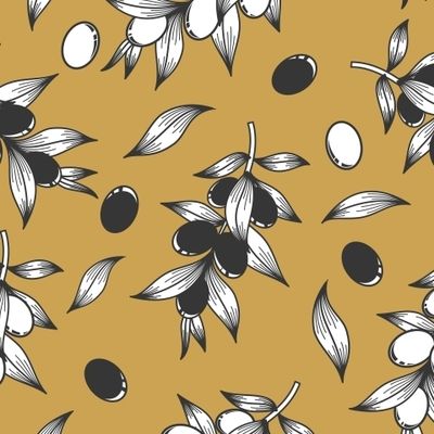 ОЛИВКОВЫЕ ВЕТВИ С ПЛОДАМИ НА ГОРЧИЧНОМ ФОНЕ