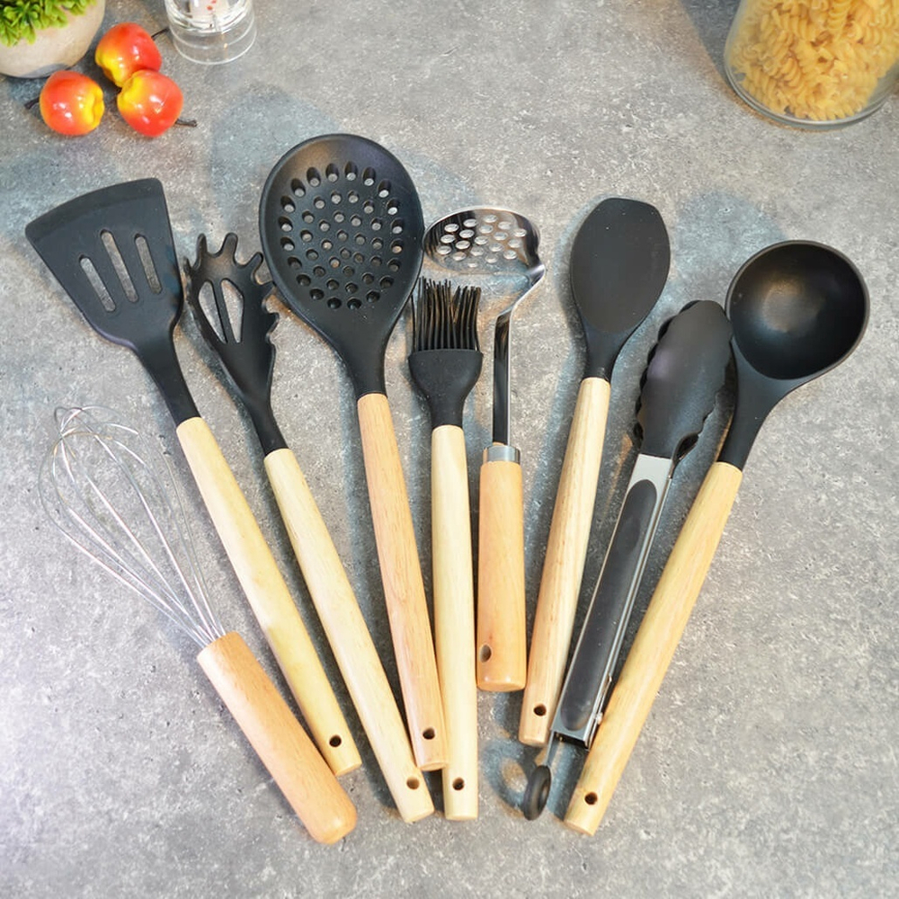 Набор кухонных принадлежностей 10 предметов SA-KW100BK, силикон, нерж, дерево, цвет черный