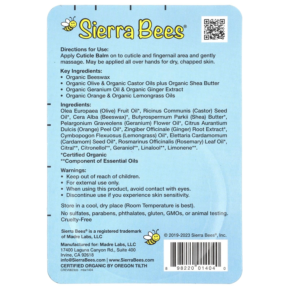 Sierra Bees, бальзам для ухода за кутикулой, герань, апельсин и лемонграсс, 17 г (0,6 унции)